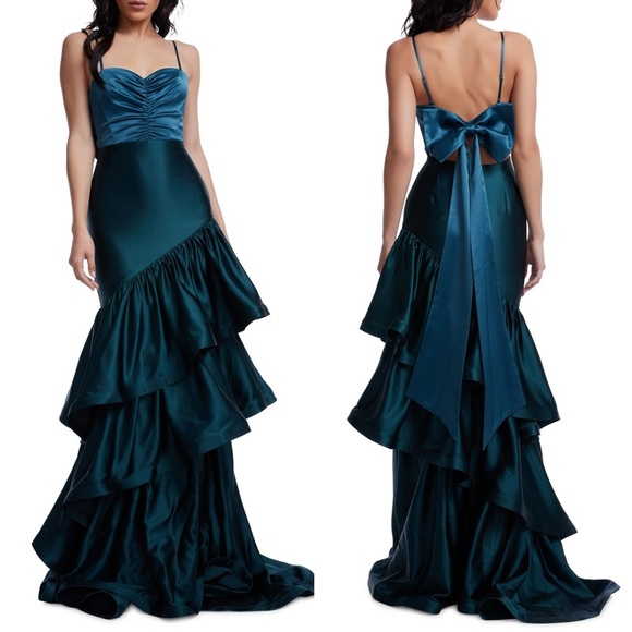 Dress the Population Clarice Tiered Ruffle Satin Gown in Pine Emerald Green - S - Picture 1 of 10